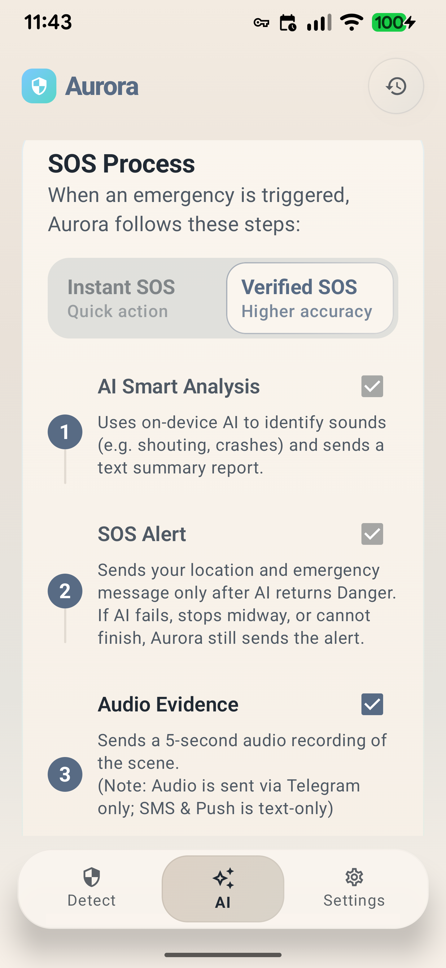 Aurora AI screen showing SOS guidance, audio evidence, and model analysis details