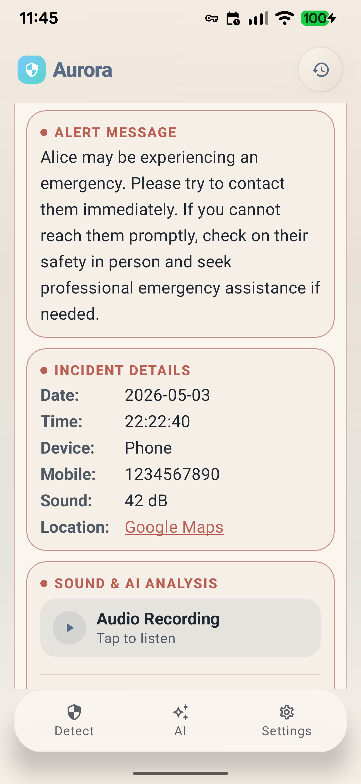 Aurora History screen showing a saved SOS alert and incident details