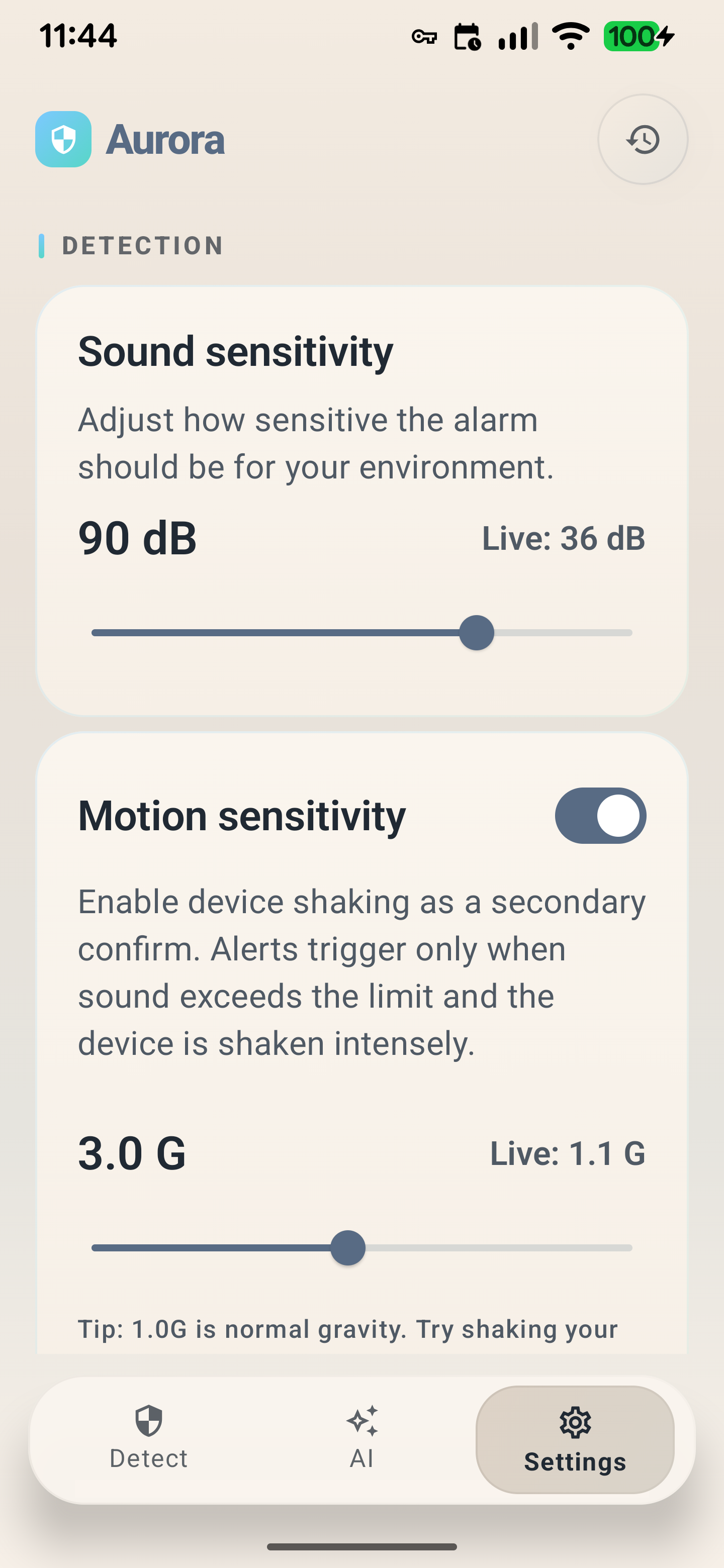 Aurora Settings screen showing sound sensitivity and motion confirmation controls
